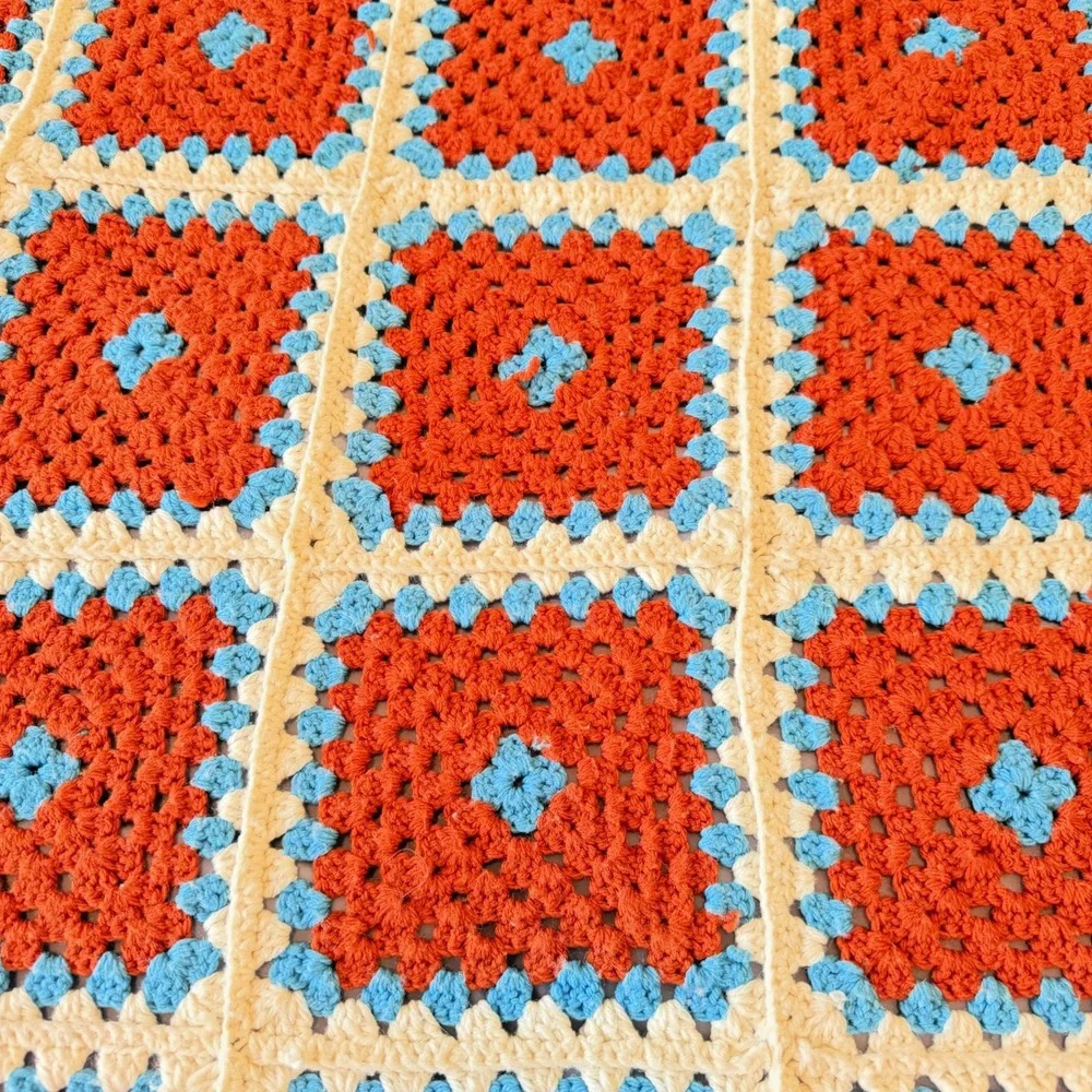 Vintage Granny Square Crocheted Handmade Colorful Blanket Afghan 74